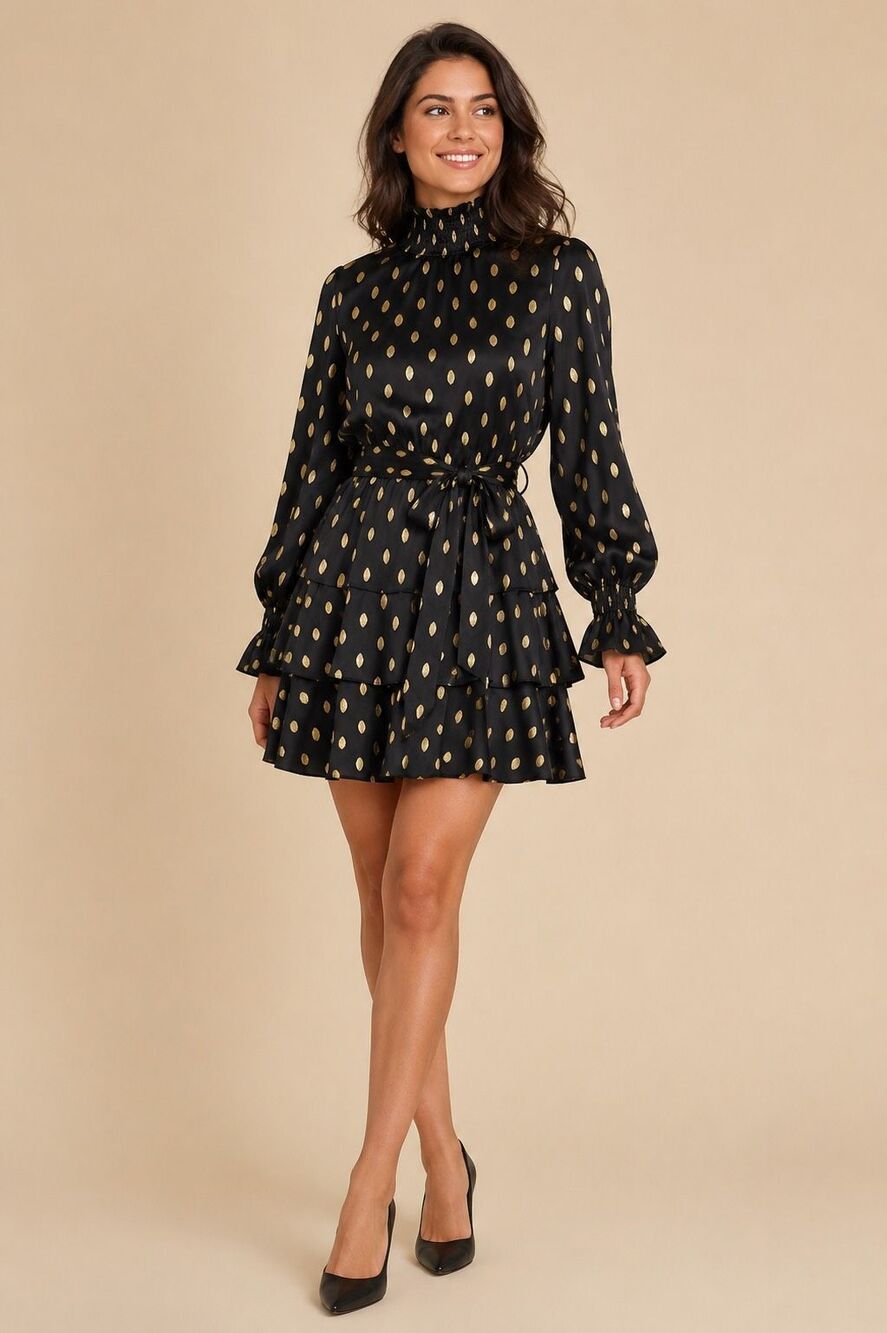 1.STATE Women’s L Black Gold Metallic Dot Smocked Tiered Ruffle Mini Dress